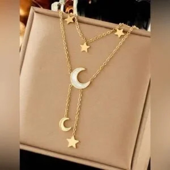 Jewelry - Gold Plated Stainless Steel Moon & Star Lariat Necklace